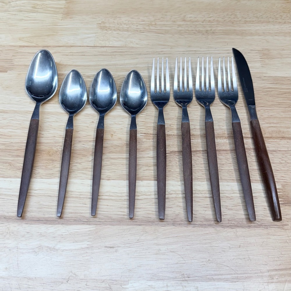 Vintage EKCO Eterna Canoe Flatware Wood Handle MCM Lot 9pc Japan